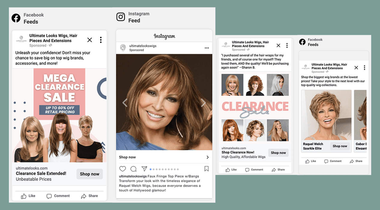 Instagram and Facebook sample ads showcasing a wig company