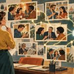 Retro illustration of a strategist connecting human conversations, reviews and business information to AI search.